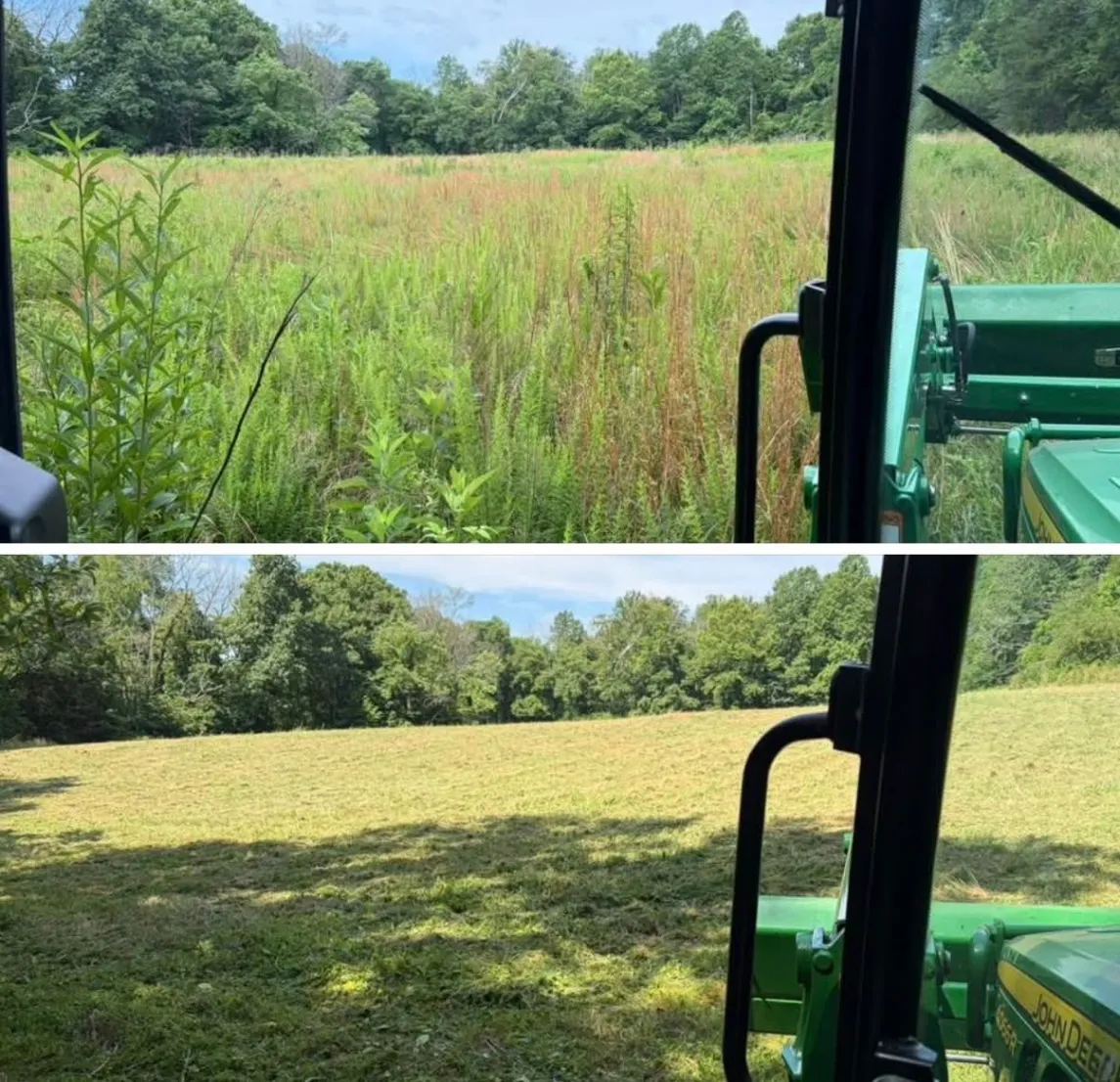 Overgrown land before and after clearing by Williams' Complete Lawncare
